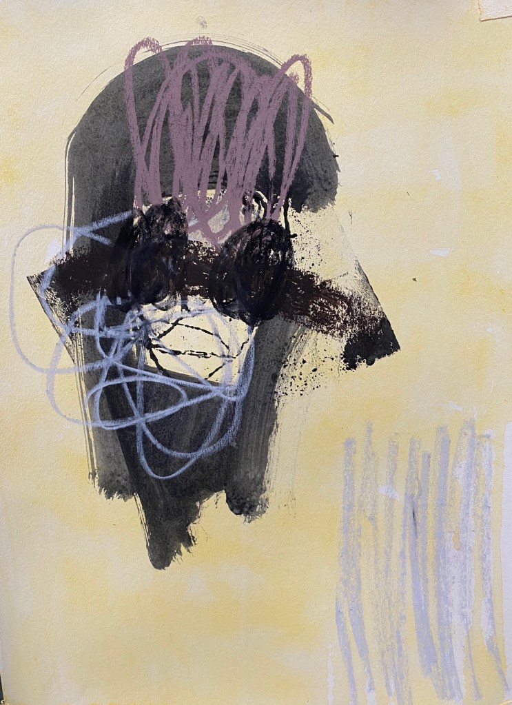 An abstract portrait featuring a figure with dark patches and chaotic lines, set against a yellow background.