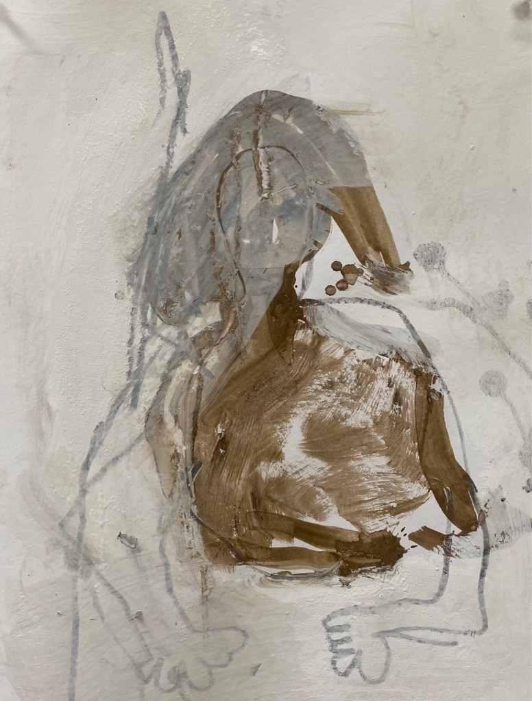 An abstract artwork depicting a figure with a blurred outline, using earthy tones and light brush strokes on a textured background.